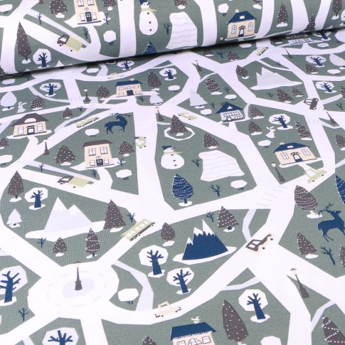 Tissu Jersey Coton Village enneigé sur fond Vert d'eau