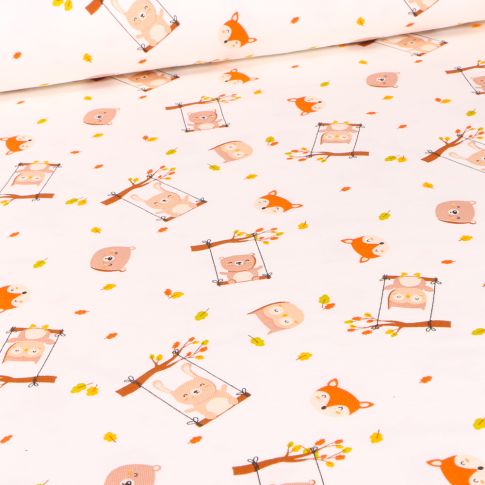 Tissu Jersey Coton Lapins balançoires sur fond Blanc cassé