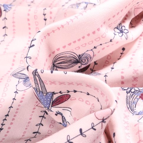 Tissu Jersey Coton Fées et lianes fleuris sur fond Rose pâle