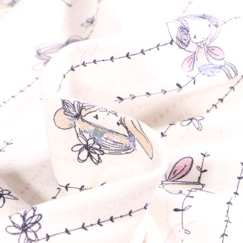 Tissu Jersey Coton Fées et lianes fleuris sur fond Ecru