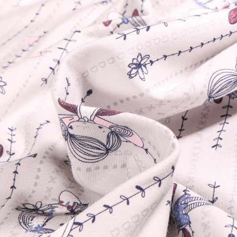 Tissu Jersey Coton Fées et lianes fleuris sur fond Gris clair
