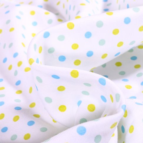 Tissu Jersey Coton Pois jaune vert bleu sur fond Blanc