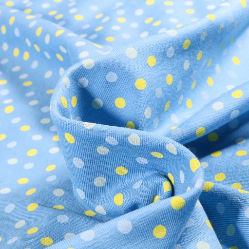 Tissu Jersey Coton Pois jaune vert bleu sur fond Bleu