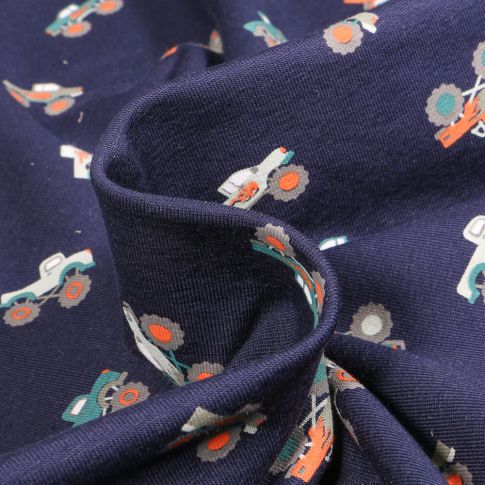 Tissu Jersey Coton Monster truck sur fond Bleu marine
