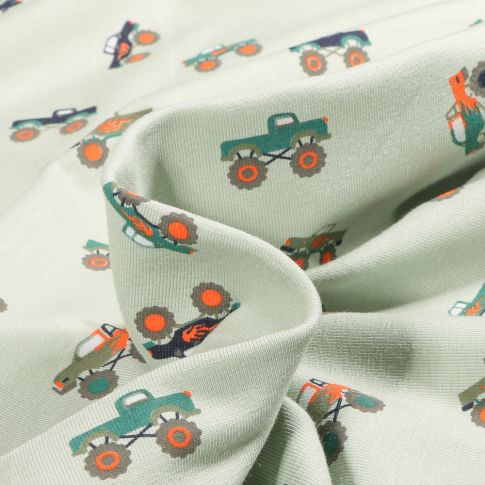 Tissu Jersey Coton Monster truck sur fond Vert menthe clair