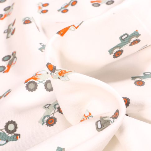 Tissu Jersey Coton Tracteurs sur fond Blanc