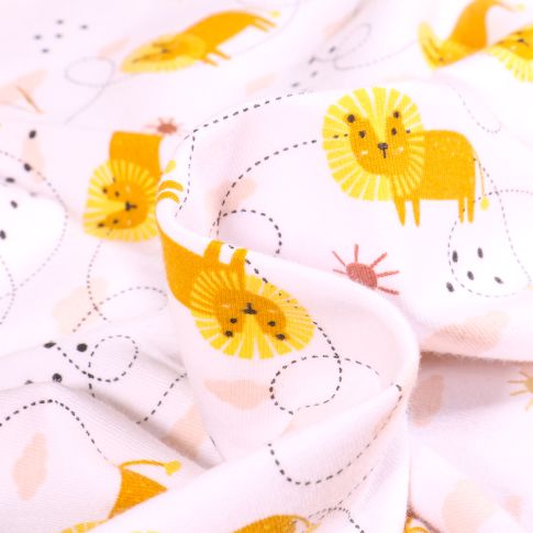 Tissu Jersey Coton Petit lion et soleil sur fond Blanc