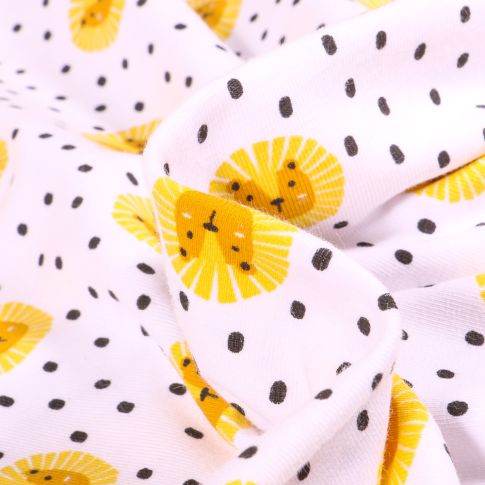 Tissu Jersey Coton Lions et pois noirs sur fond Blanc