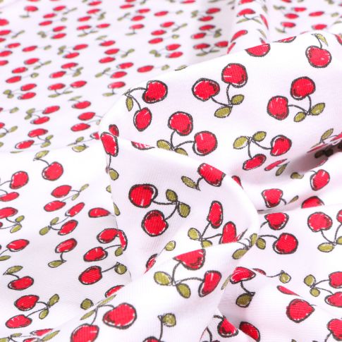 Tissu Jersey Coton Cherry red sur fond Blanc