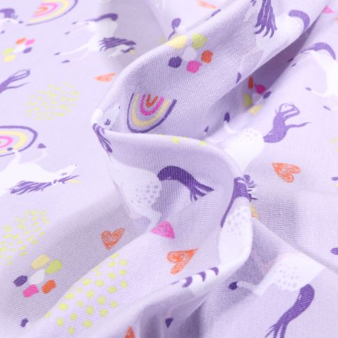 Tissu Jersey Coton Licornes horse sur fond Lilas