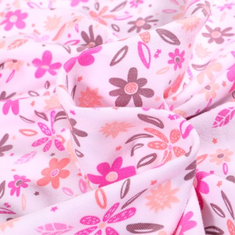 Tissu Jersey Coton Fleurs Maeva rose sur fond Blanc