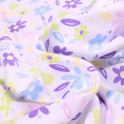 Tissu Jersey Coton Fleurs Maeva Lila sur fond Blanc