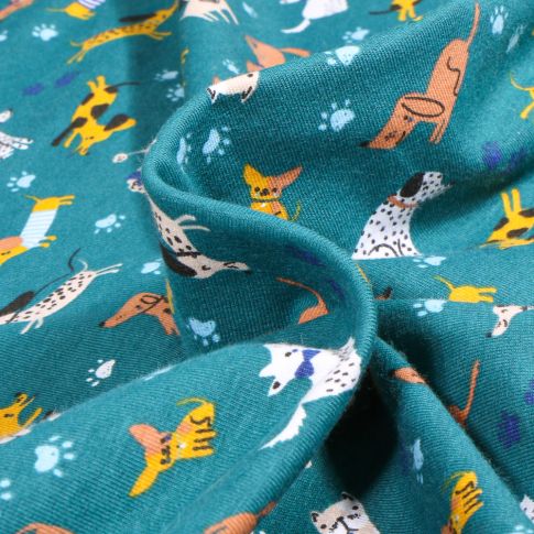 Tissu Jersey Coton Promenade chiens sur fond Bleu pétrole