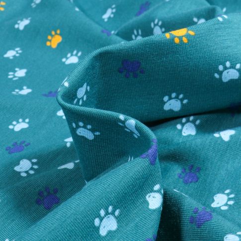 Tissu Jersey Coton Pattes de chiens sur fond Bleu canard