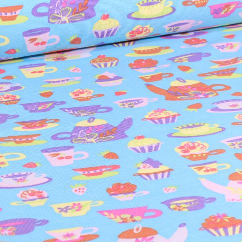 Tissu Jersey Coton Tea time sur fond Bleu turquoise
