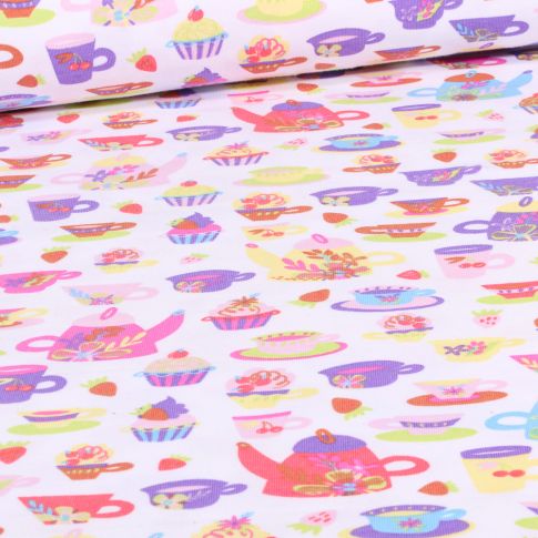 Tissu Jersey Coton Tea time sur fond Blanc