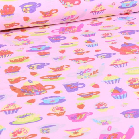 Tissu Jersey Coton Tea time sur fond Rose