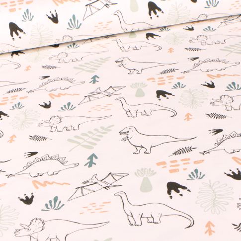 Tissu Jersey Coton Dinosaures et feuillages sur fond Ecru