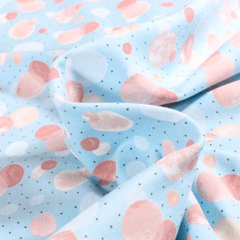 Tissu Jersey Coton Bulles et points rose sur fond Bleu clair