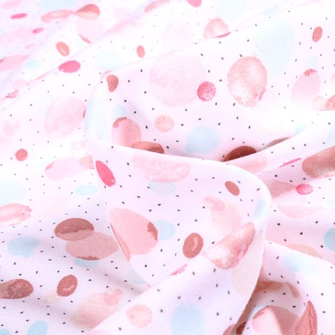 Tissu Jersey Coton Bulles et points rose sur fond Blanc