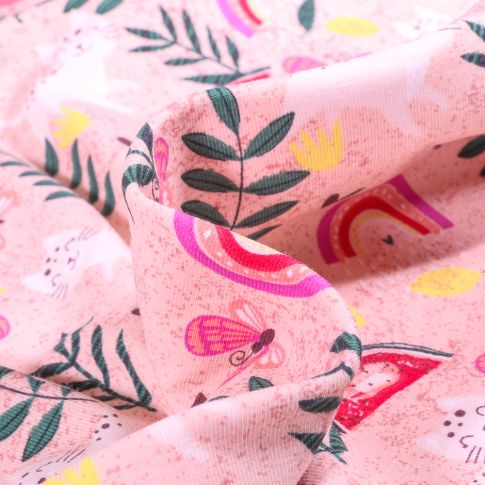 Tissu Jersey Coton Chat papillon et arc en ciel sur fond Rose