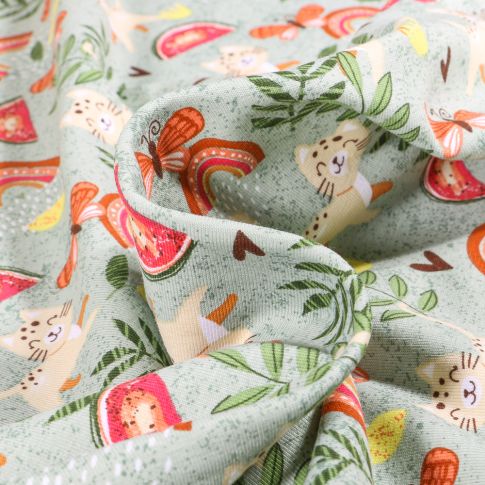Tissu Jersey Coton Chat papillon et arc en ciel sur fond Vert menthe