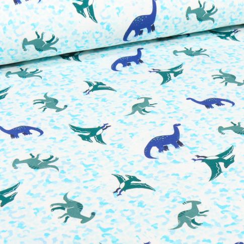 Tissu Jersey Coton Dino ptéro sur fond Bleu