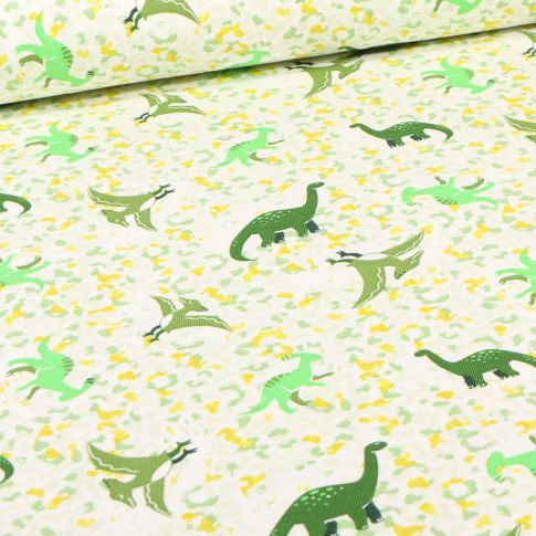 Tissu Jersey Coton Dino ptéro sur fond Jaune pastel