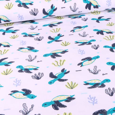 Tissu Jersey Coton Tortues et coraux bleu sur fond Blanc