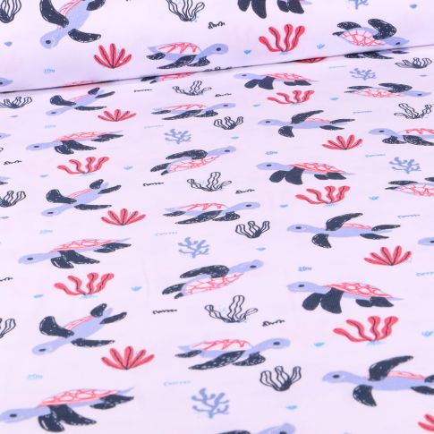 Tissu Jersey Coton Tortues et coraux rouge sur fond Blanc