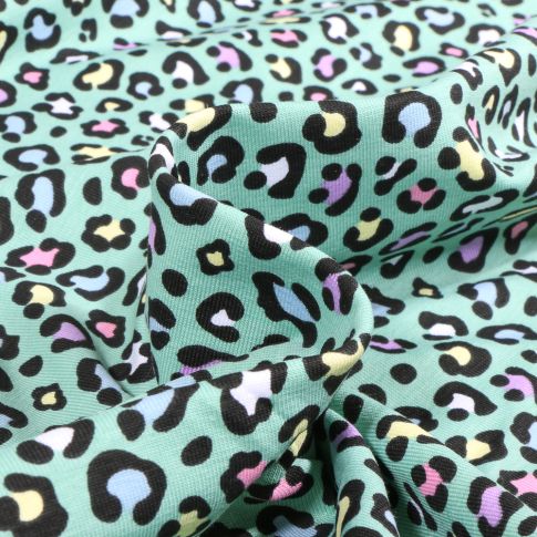 Tissu Jersey Coton Léo multicolores sur fond Vert menthe