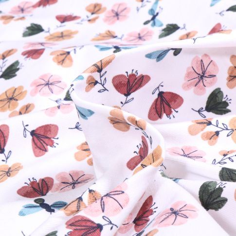 Tissu Jersey Coton Aquarosa fleurs et papillons sur fond Blanc