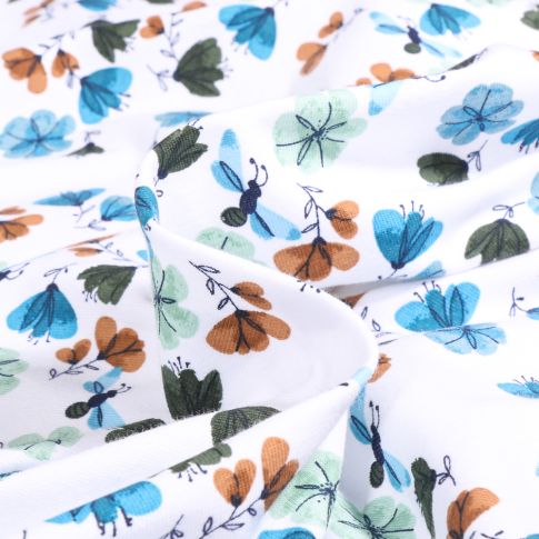 Tissu Jersey Coton Aquazur fleurs et papillons sur fond Blanc