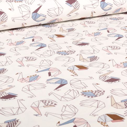 Tissu Jersey Coton Cignes Origami sur fond Blanc cassé