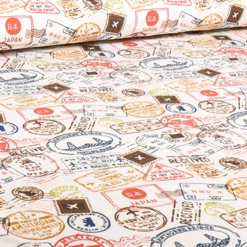 Tissu Jersey Coton Tampons Voyages rouge sur fond Ecru