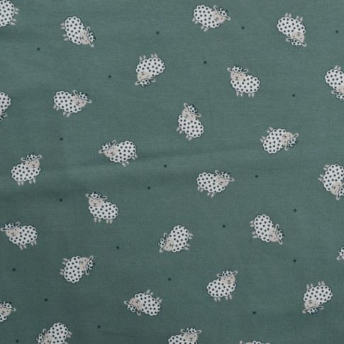 Tissu Jersey Coton Mouton blanc sur fond Vert