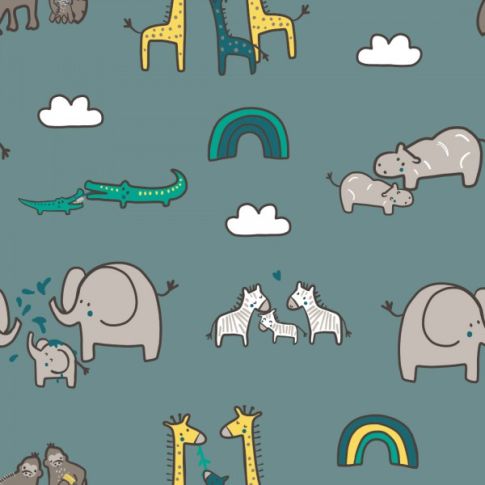 Tissu Jersey Coton Animaux Loulou sur fond Vert