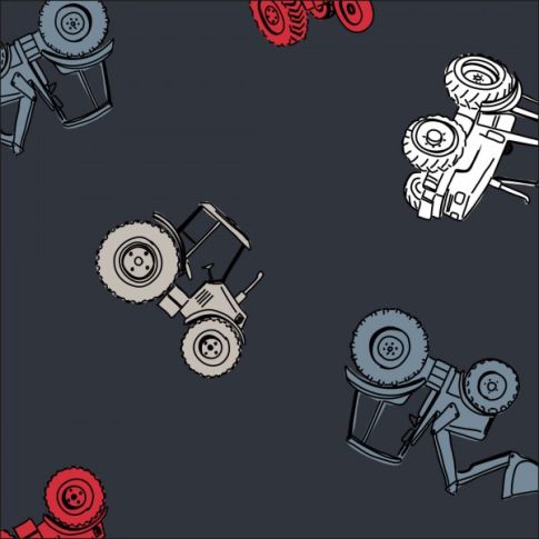 Tissu Jersey Coton Tracteurs Rouge, blanc et bleu sur fond Bleu marine