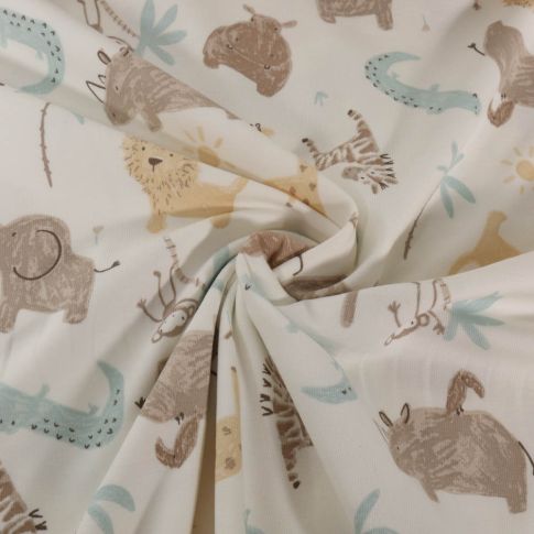 Tissu Jersey Coton imprimé Animaux zoo sur fond Blanc cassé