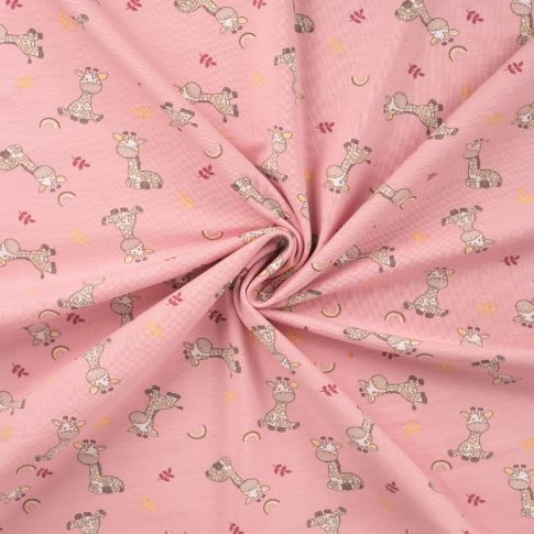 Tissu Jersey Coton imprimé Petites girafes sur fond Rose