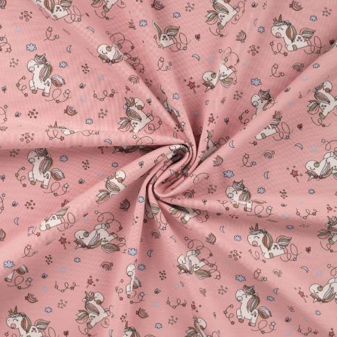 Tissu Jersey Coton imprimé Petites Licornes sur fond Rose