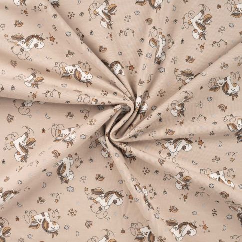 Tissu Jersey Coton imprimé Petites Licornes sur fond Beige