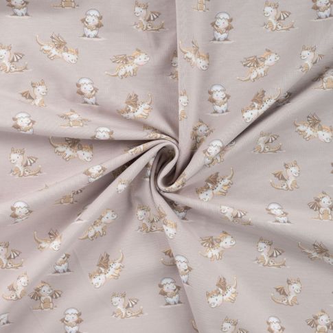 Tissu Jersey Coton imprimé Petits dragons sur fond Beige