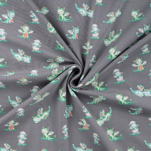 Tissu Jersey Coton imprimé Petits dragons sur fond Gris anthracite