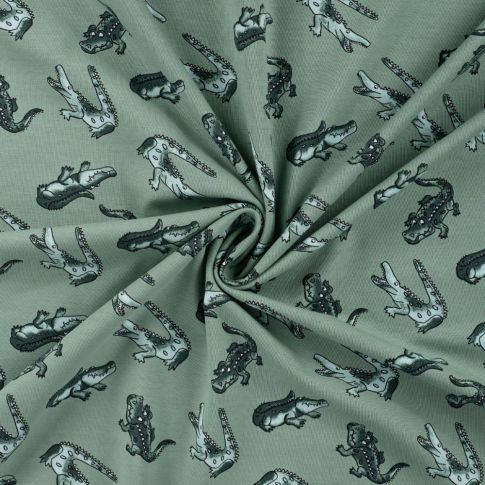 Tissu Jersey Coton imprimé Crocodile sur fond Vert olive