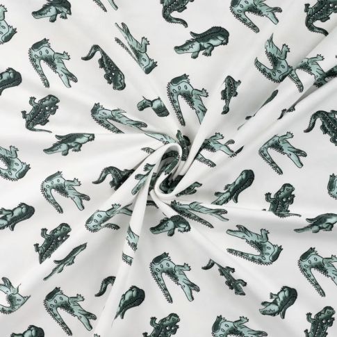 Tissu Jersey Coton imprimé Crocodile sur fond Blanc cassé