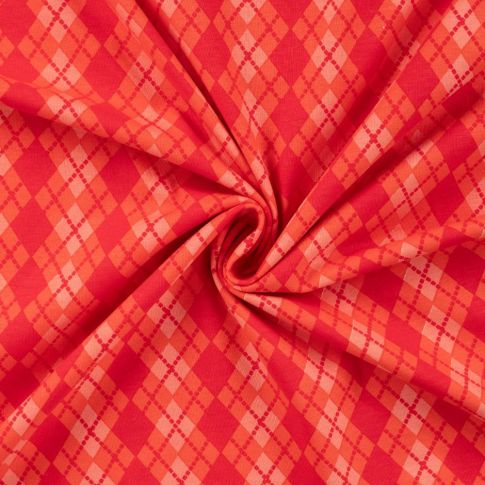 Tissu Jersey Coton imprimé Argyle sur fond Rouge
