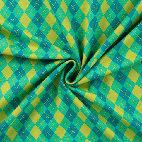 Tissu Jersey Coton imprimé Argyle sur fond Vert