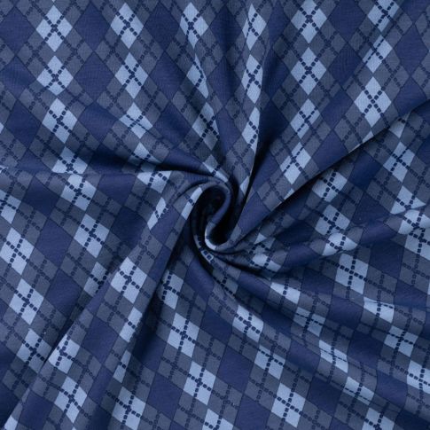 Tissu Jersey Coton imprimé Argyle sur fond Bleu denim