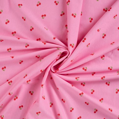 Tissu Jersey Coton imprimé Cerises rouges sur fond Rose